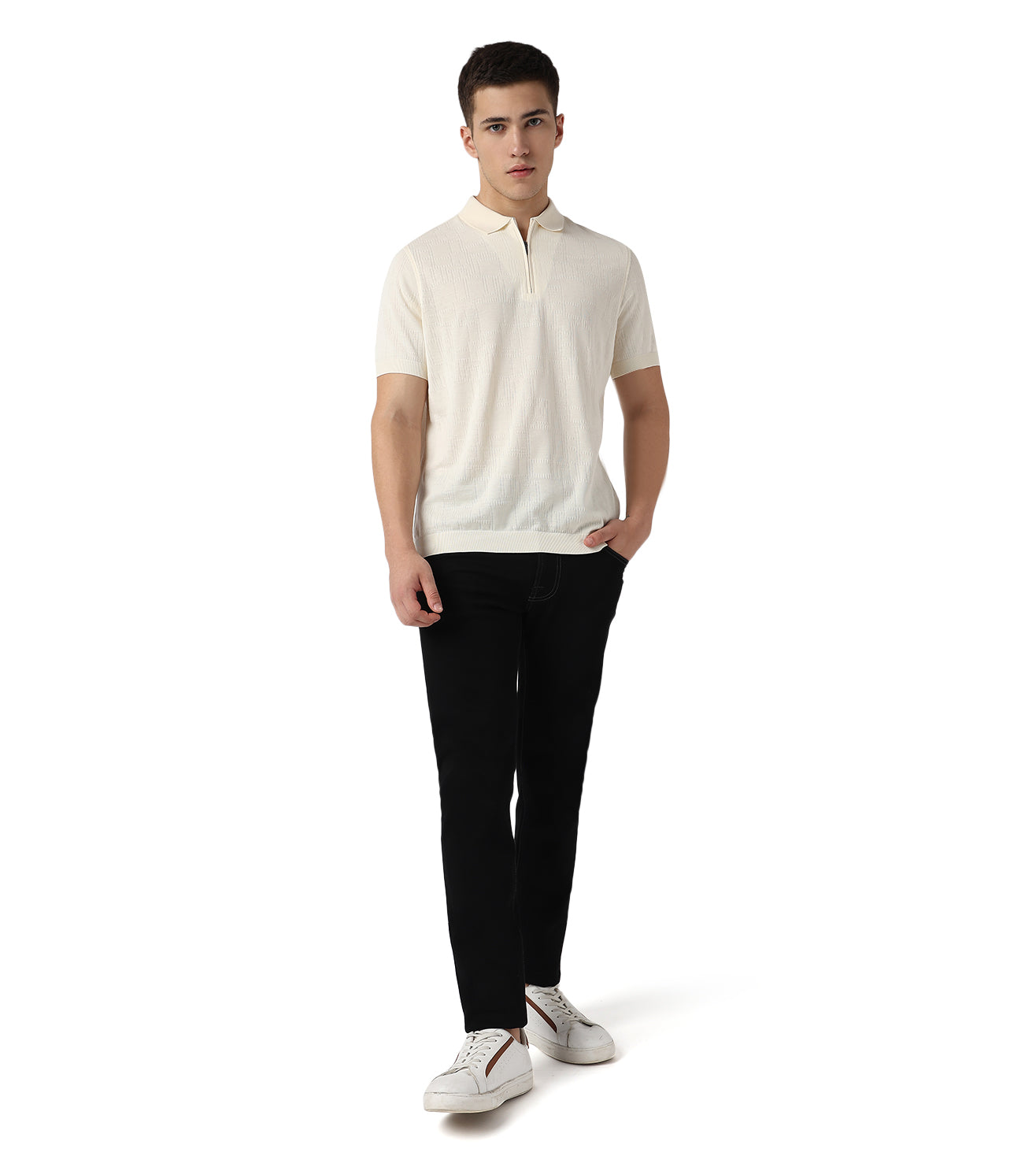 Cream Zip-Up Jacquard Cotton Polo T-Shirt