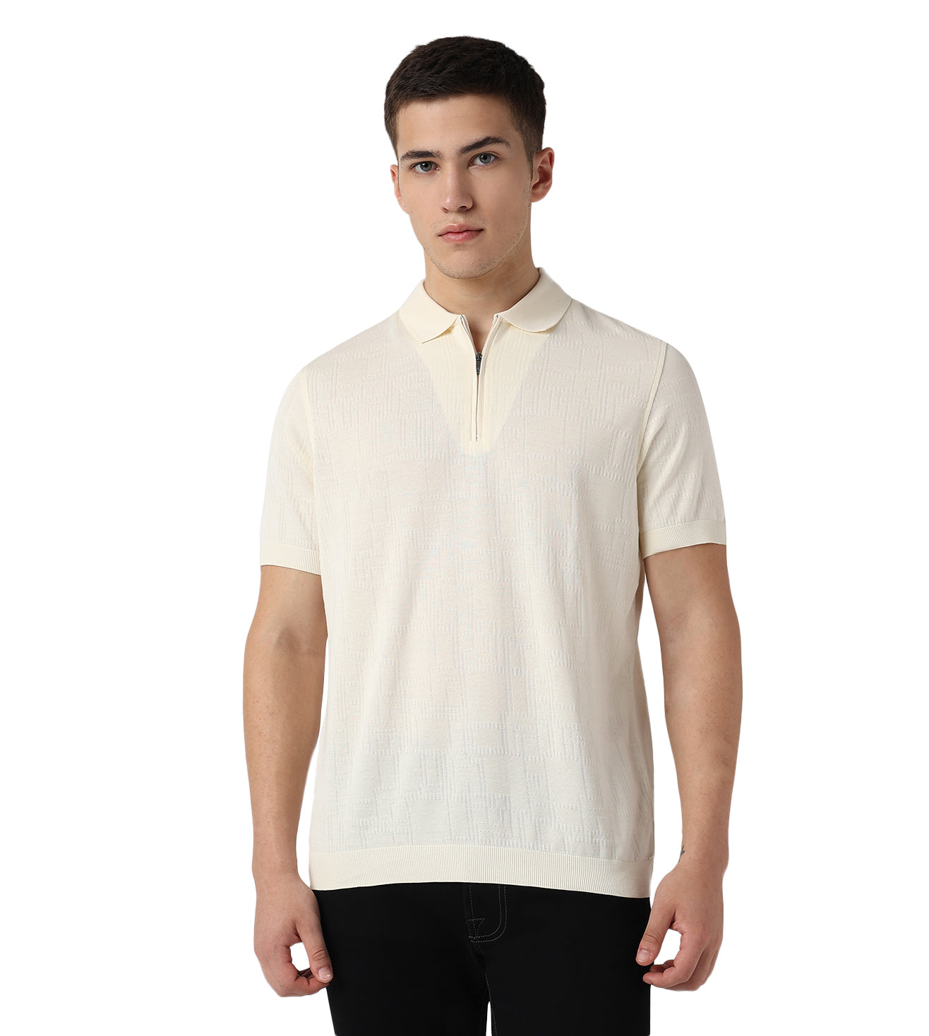 Cream Zip-Up Jacquard Cotton Polo T-Shirt