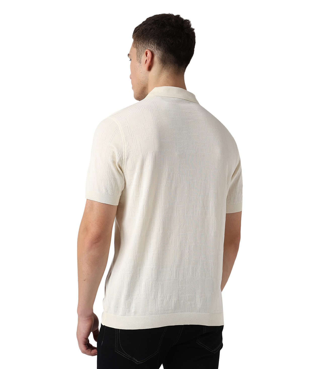 Cream Zip-Up Jacquard Cotton Polo T-Shirt