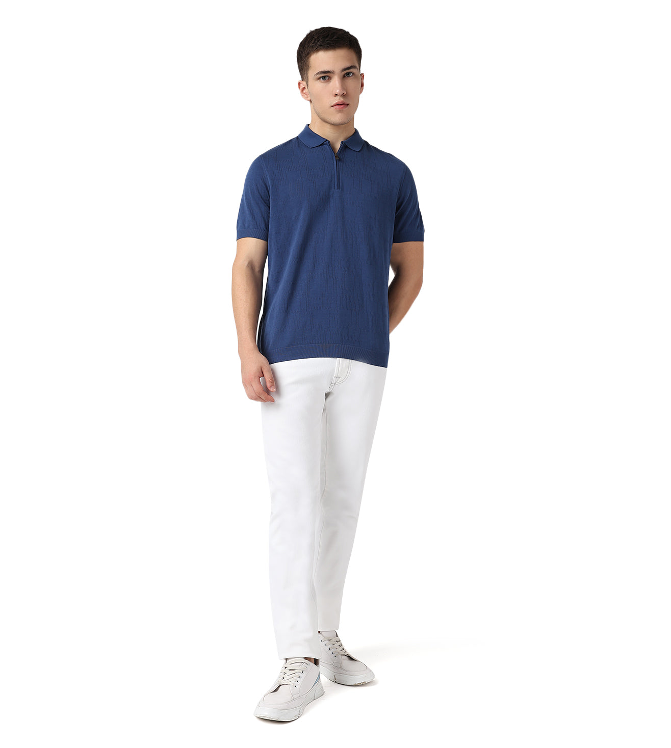 Blue Zip-Up Jacquard Cotton Polo T-Shirt