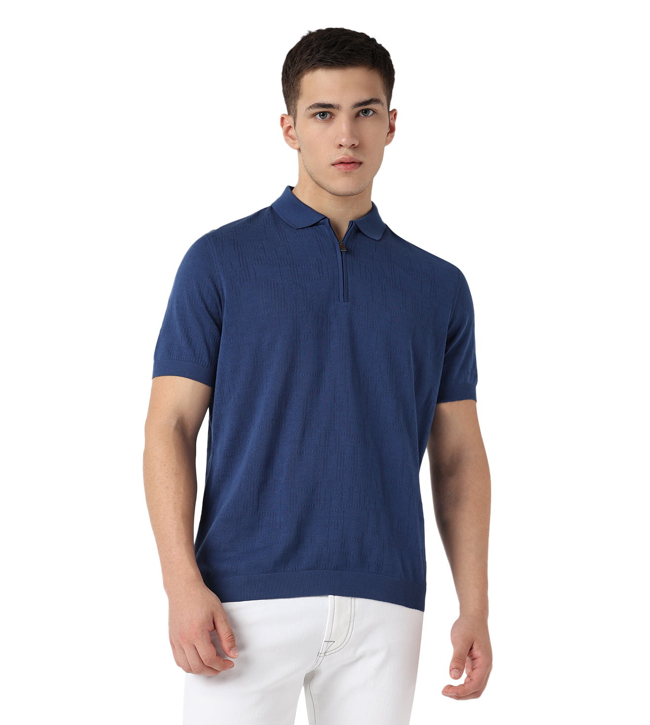 Blue Zip-Up Jacquard Cotton Polo T-Shirt