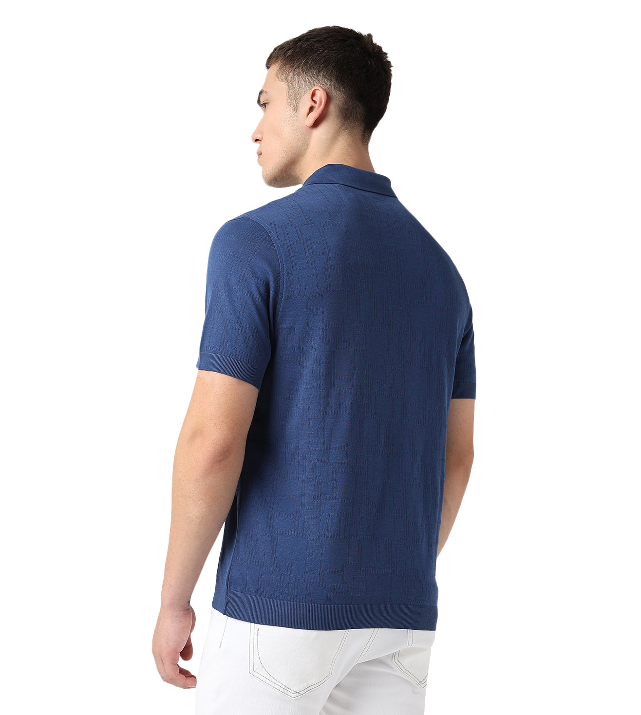 Blue Zip-Up Jacquard Cotton Polo T-Shirt