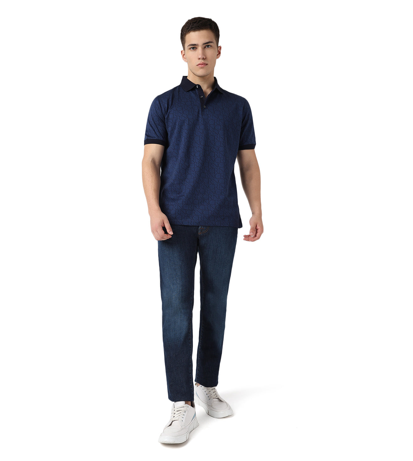Blue Button-Up Jacquard Cotton Polo T-Shirt