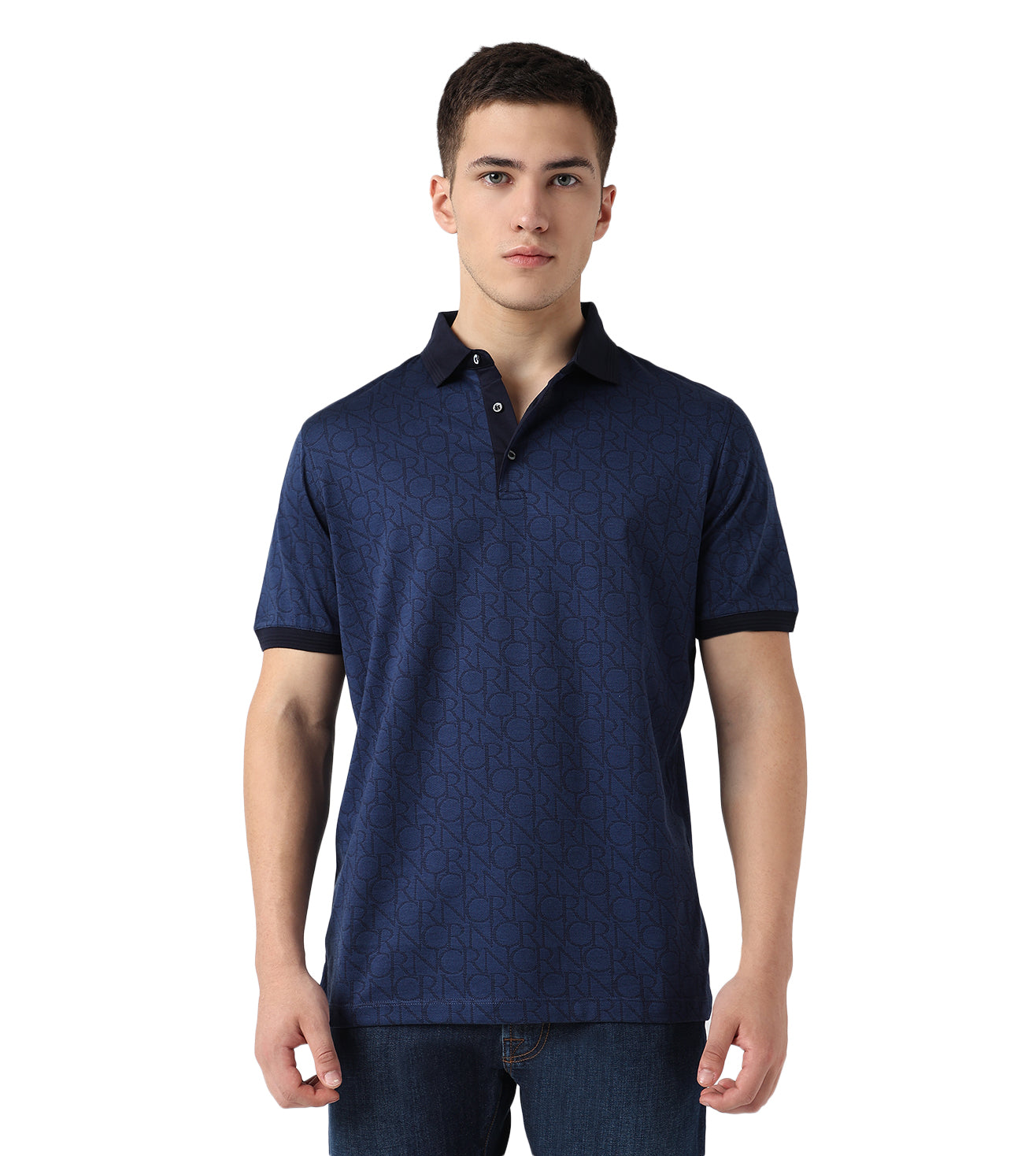 Blue Button-Up Jacquard Cotton Polo T-Shirt