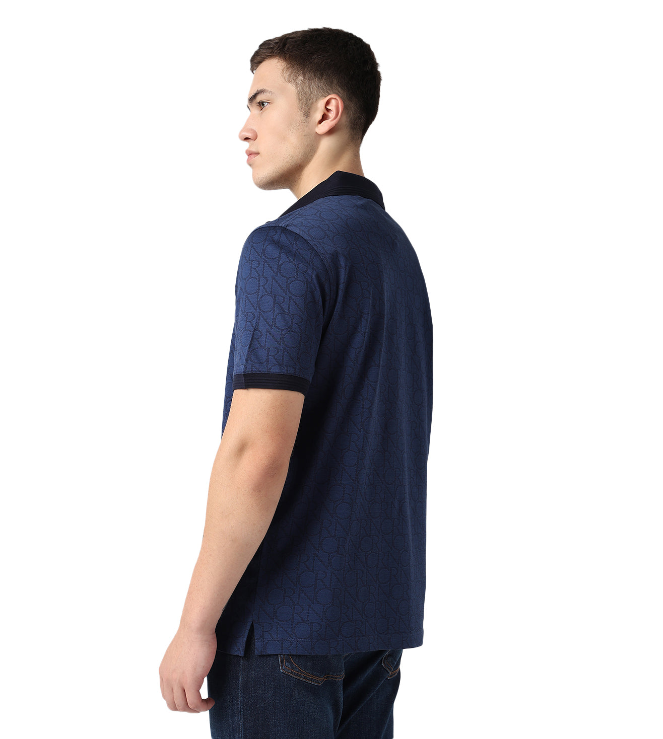 Blue Button-Up Jacquard Cotton Polo T-Shirt