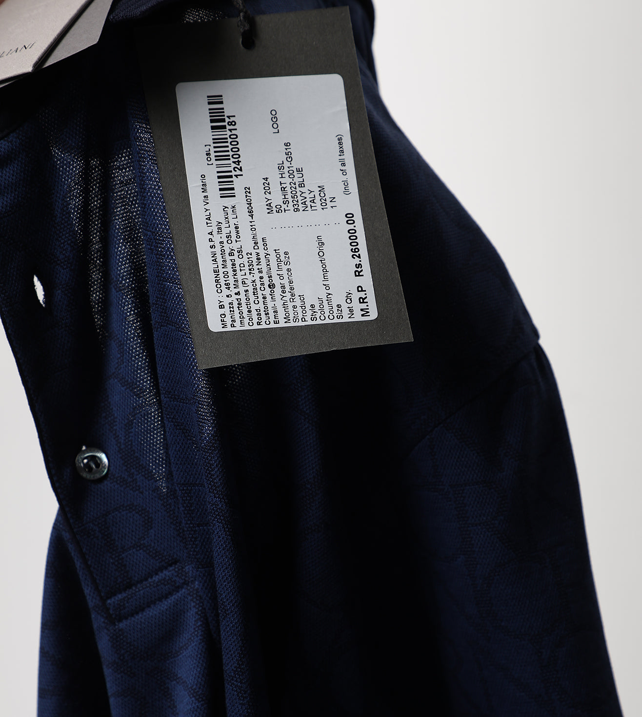 Blue Button-Up Jacquard Cotton Polo T-Shirt