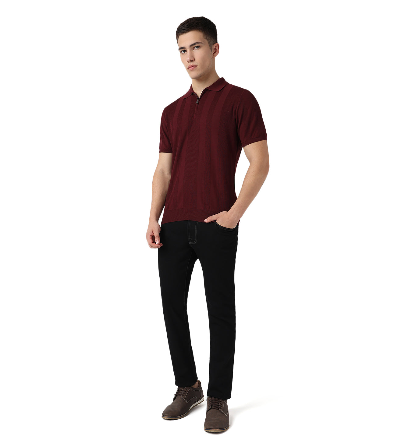 Wine Button-Up Cotton Polo T-Shirt