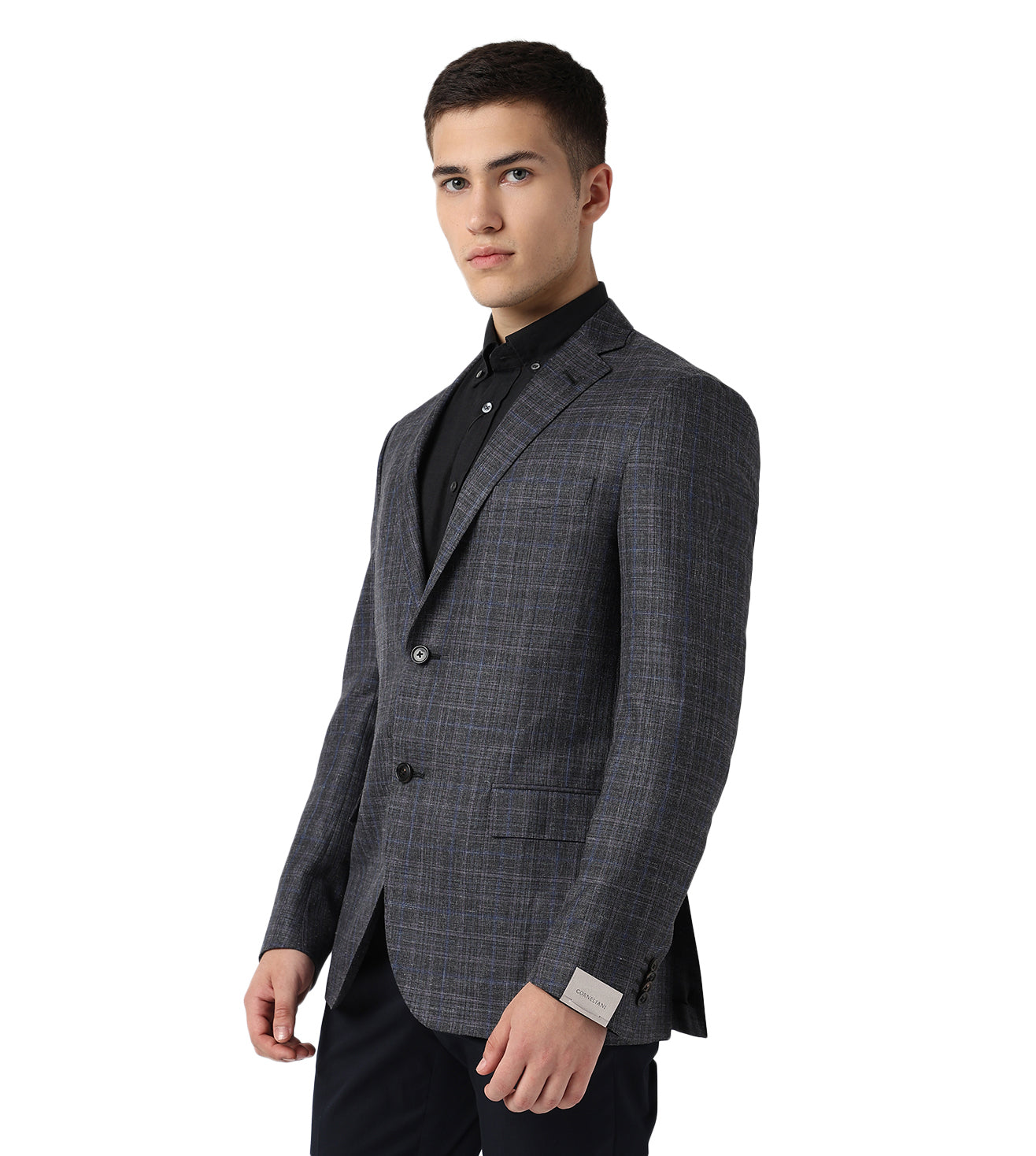 Black two-button silk and wool jacket