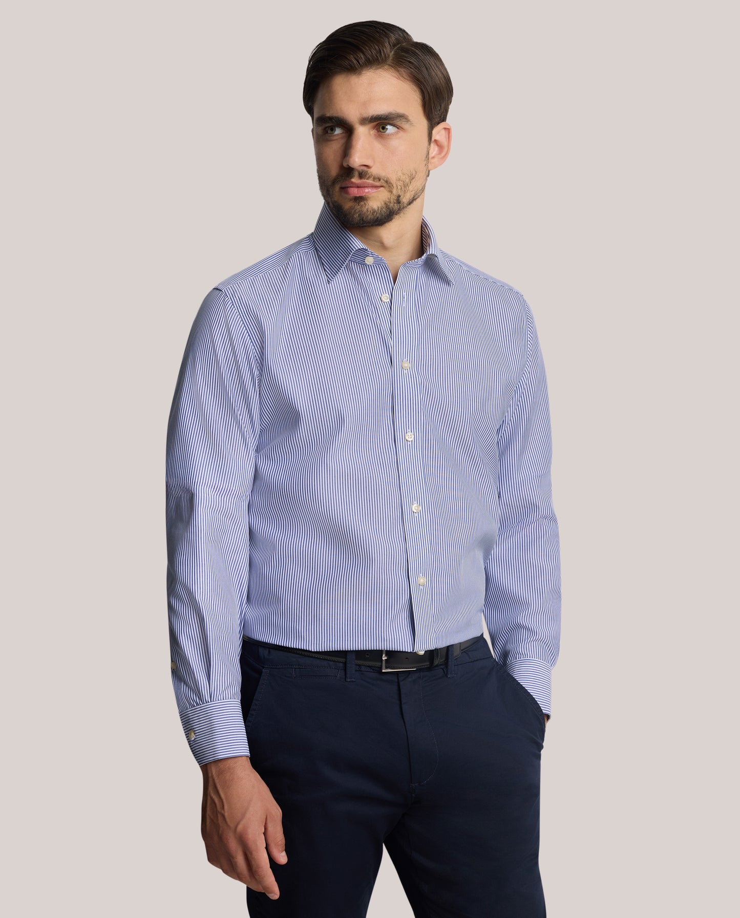Camicissima Men’s Blue Striped Non-Iron Permanent Slim Fit Cotton Shirt