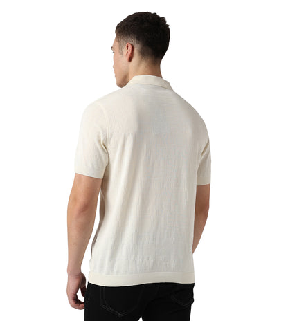 Cream Zip-Up Jacquard Cotton Polo T-Shirt