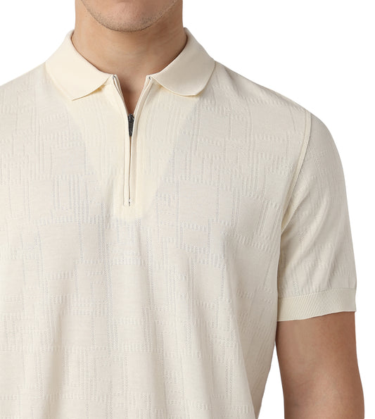 Cream Zip-Up Jacquard Cotton Polo T-Shirt