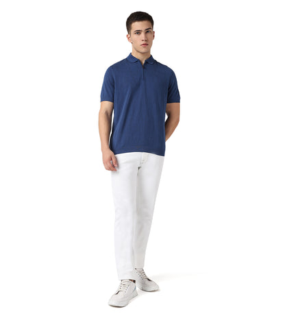 Blue Zip-Up Jacquard Cotton Polo T-Shirt
