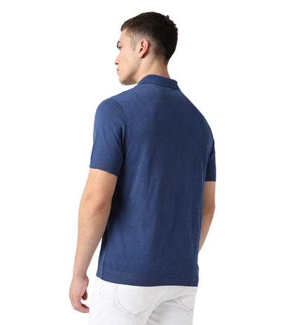 Blue Zip-Up Jacquard Cotton Polo T-Shirt