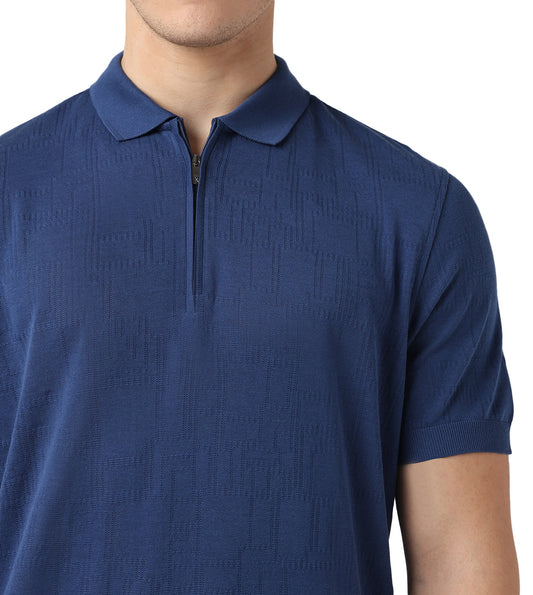 Blue Zip-Up Jacquard Cotton Polo T-Shirt