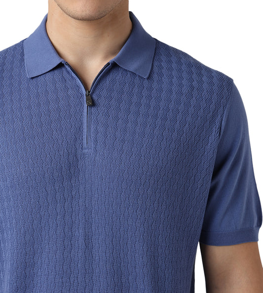 Blue Textured Polo T-Shirt