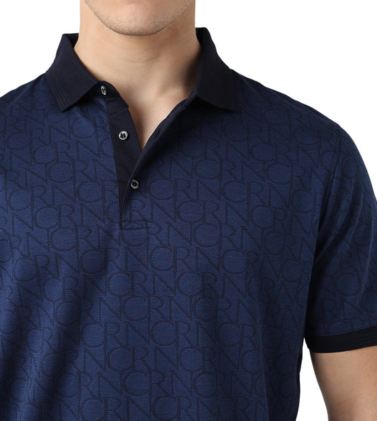 Blue Button-Up Jacquard Cotton Polo T-Shirt