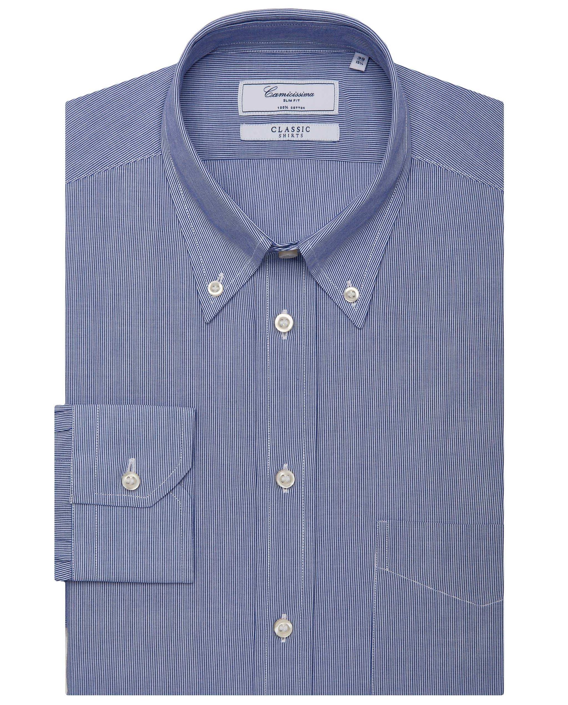 Men’s Slim Fit Stripe Button-Down Shirt – Dark Blue | Classic Full Sleeves