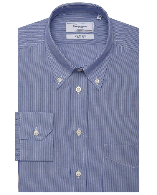 Men’s Slim Fit Stripe Button-Down Shirt – Dark Blue | Classic Full Sleeves