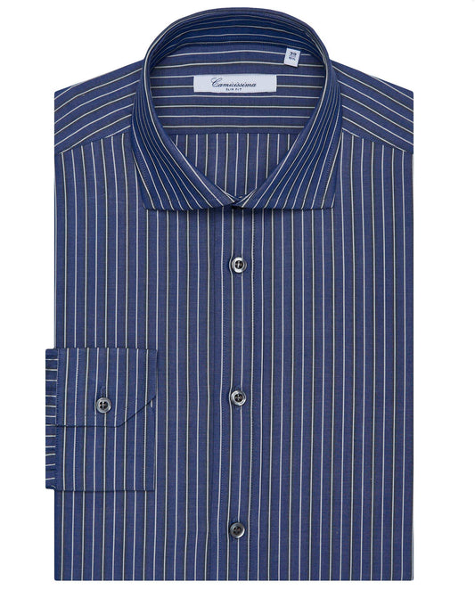 Men’s Slim Fit Striped Shirt – Blue Navy | Fancy Full Sleeves | 100% Cotton