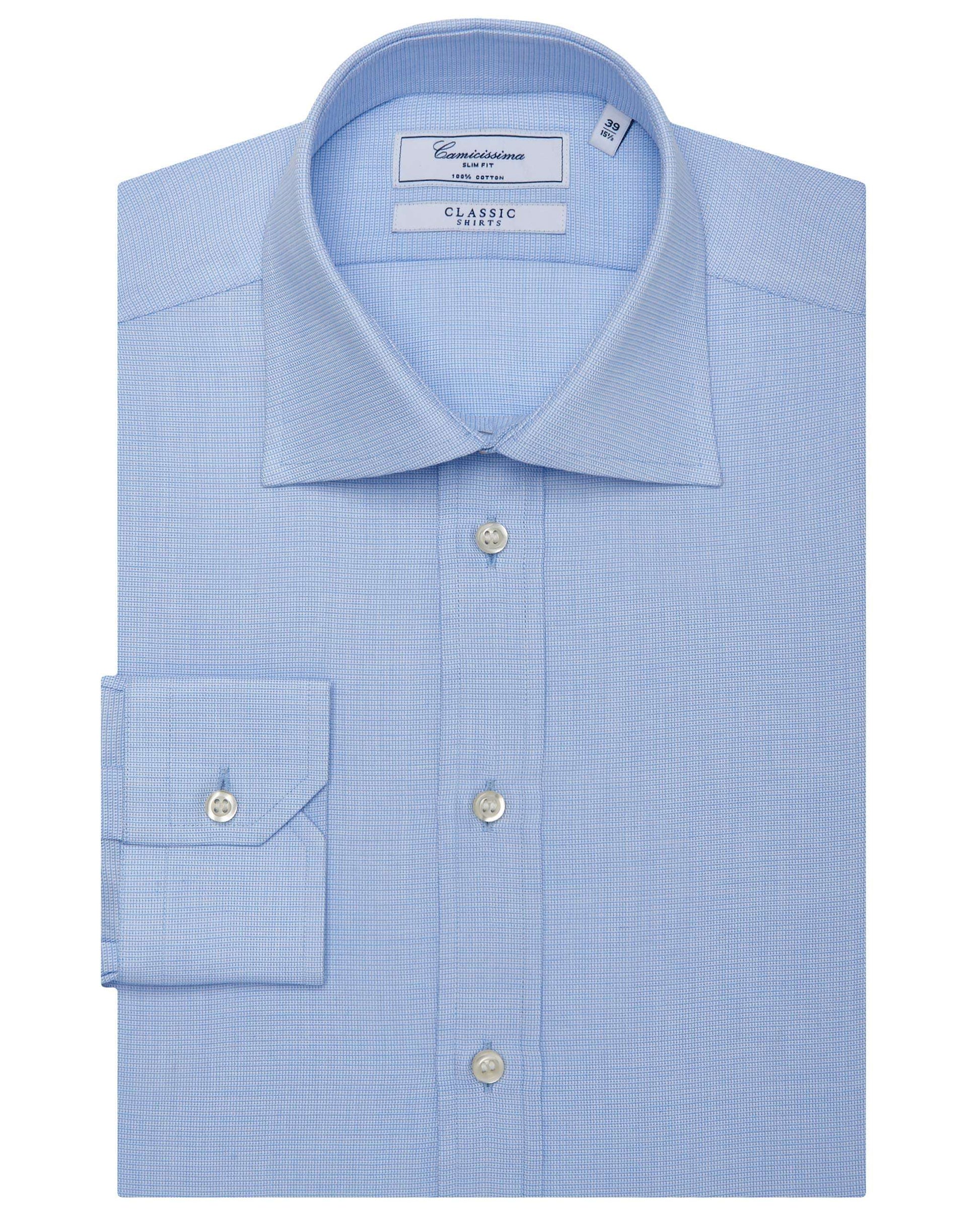 Men’s Fitted Self-Textured Shirt – Light Blue | 100% Cotton | Classic Full Sleeves