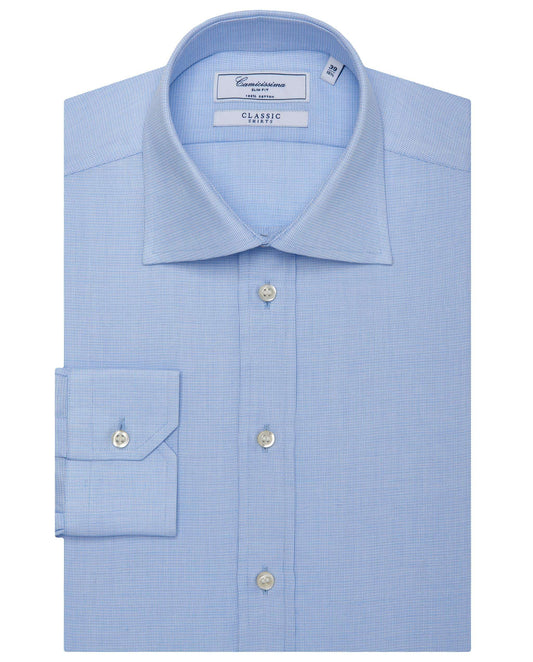 Men’s Fitted Self-Textured Shirt – Light Blue | 100% Cotton | Classic Full Sleeves