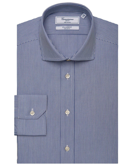Men’s Slim Fit Striped Shirt – Blue | 100% Cotton | Classic Full Sleeves