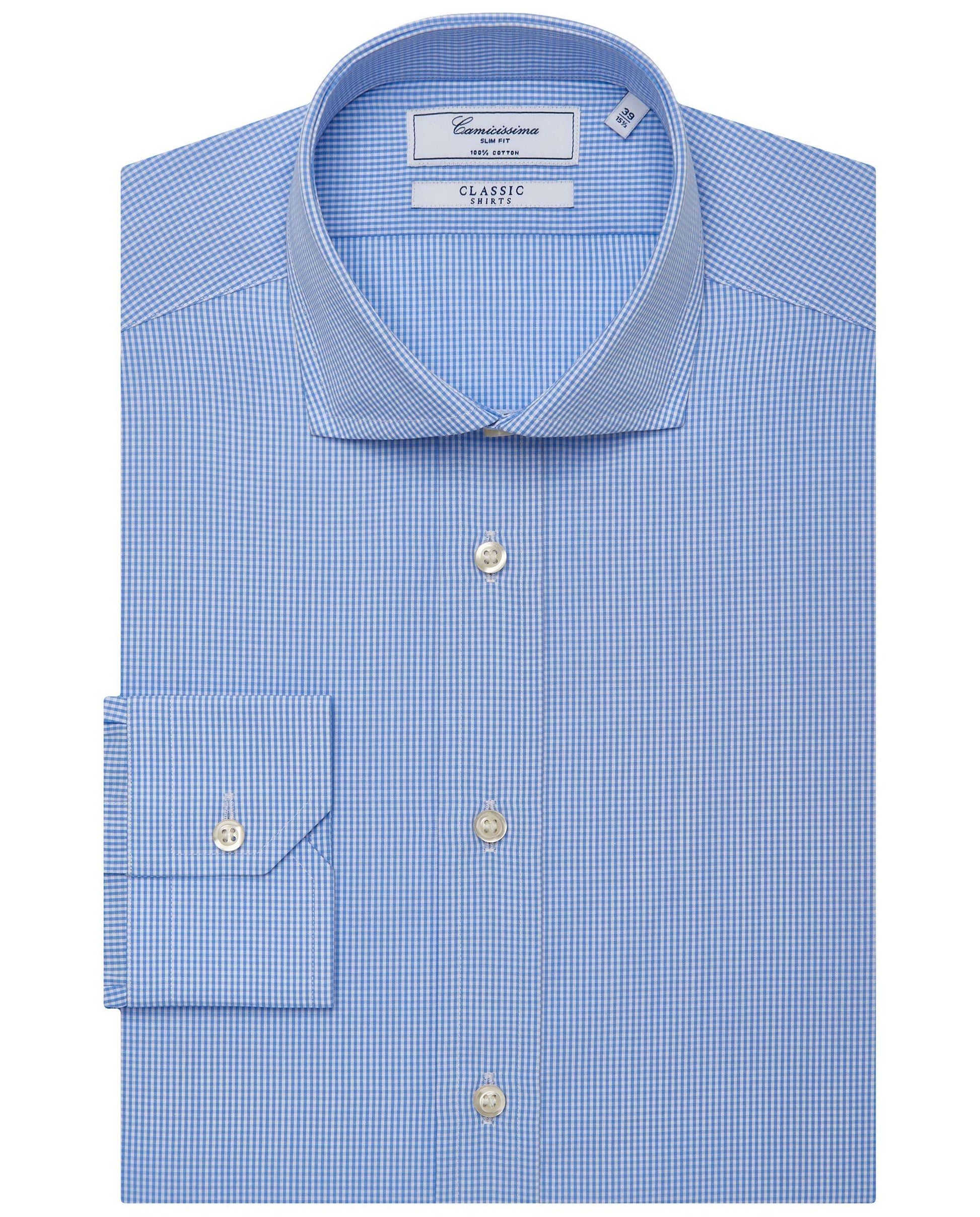 Men’s Slim Fit Checked Shirt – Light Blue | 100% Cotton | Classic Full Sleeves