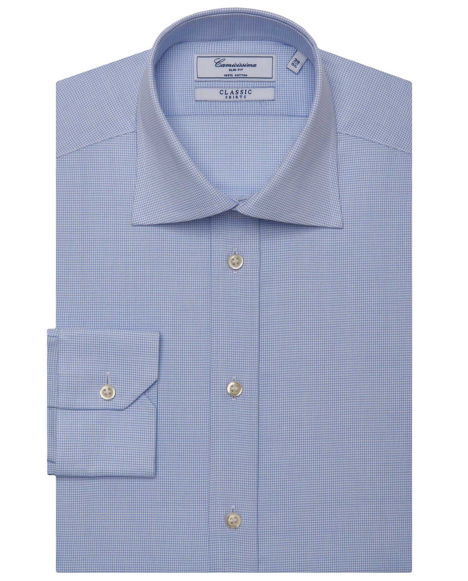 Men’s Slim Fit Checked Shirt – Light Blue | 100% Cotton | Classic Full Sleeves