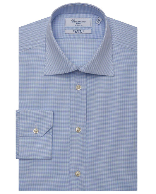 Men’s Slim Fit Checked Shirt – Light Blue | 100% Cotton | Classic Full Sleeves