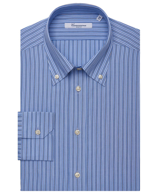 Camicissima Men’s Slim Fit Button Down Striped Shirt – Blue | Fancy Full Sleeves | 100% Cotton