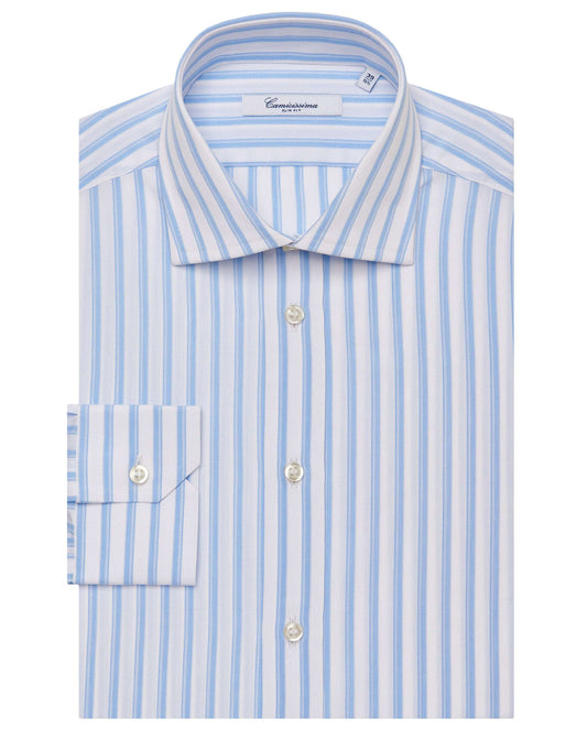 Men’s Slim Fit Striped Shirt – Light Blue | Fancy Full Sleeves | 100% Cotton