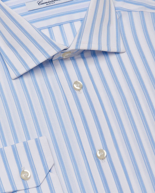 Men’s Slim Fit Striped Shirt – Light Blue | Fancy Full Sleeves | 100% Cotton