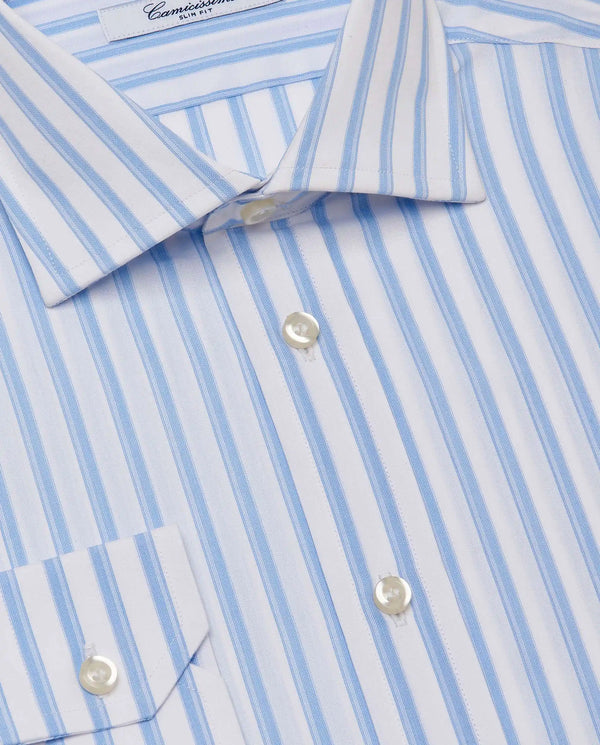 Men’s Slim Fit Striped Shirt – Light Blue | Fancy Full Sleeves | 100% Cotton
