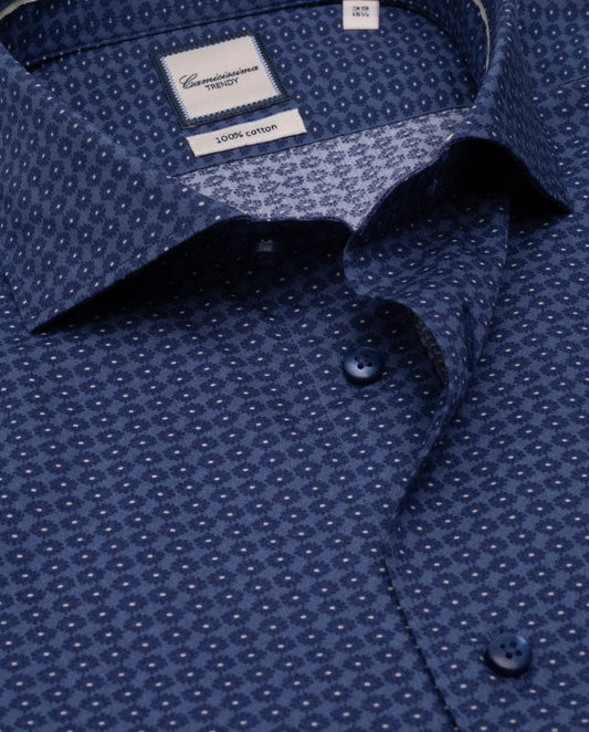 Camicissima Blue Navy Printed Poplin Trendy Cotton Shirt