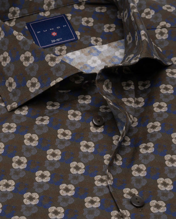 Camicissima Military Green Floral Printed Poplin Punch Cotton Shirt