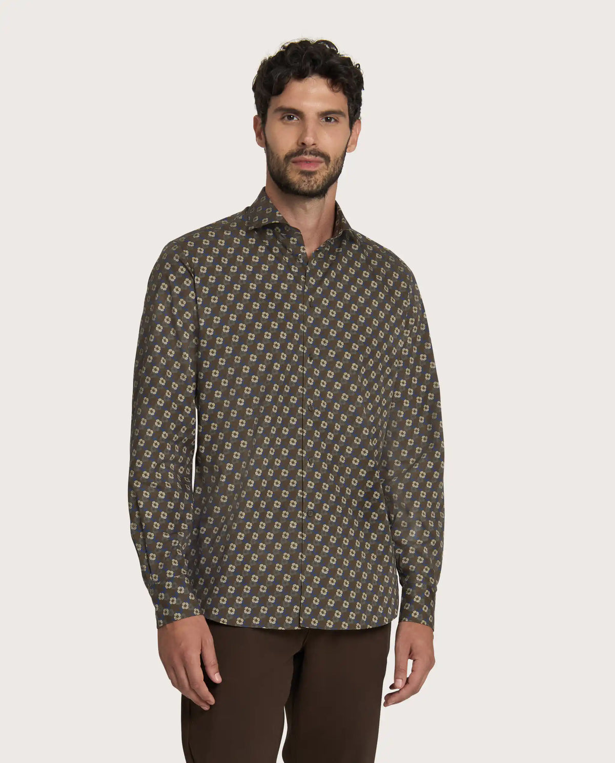 Camicissima Military Green Floral Printed Poplin Punch Cotton Shirt