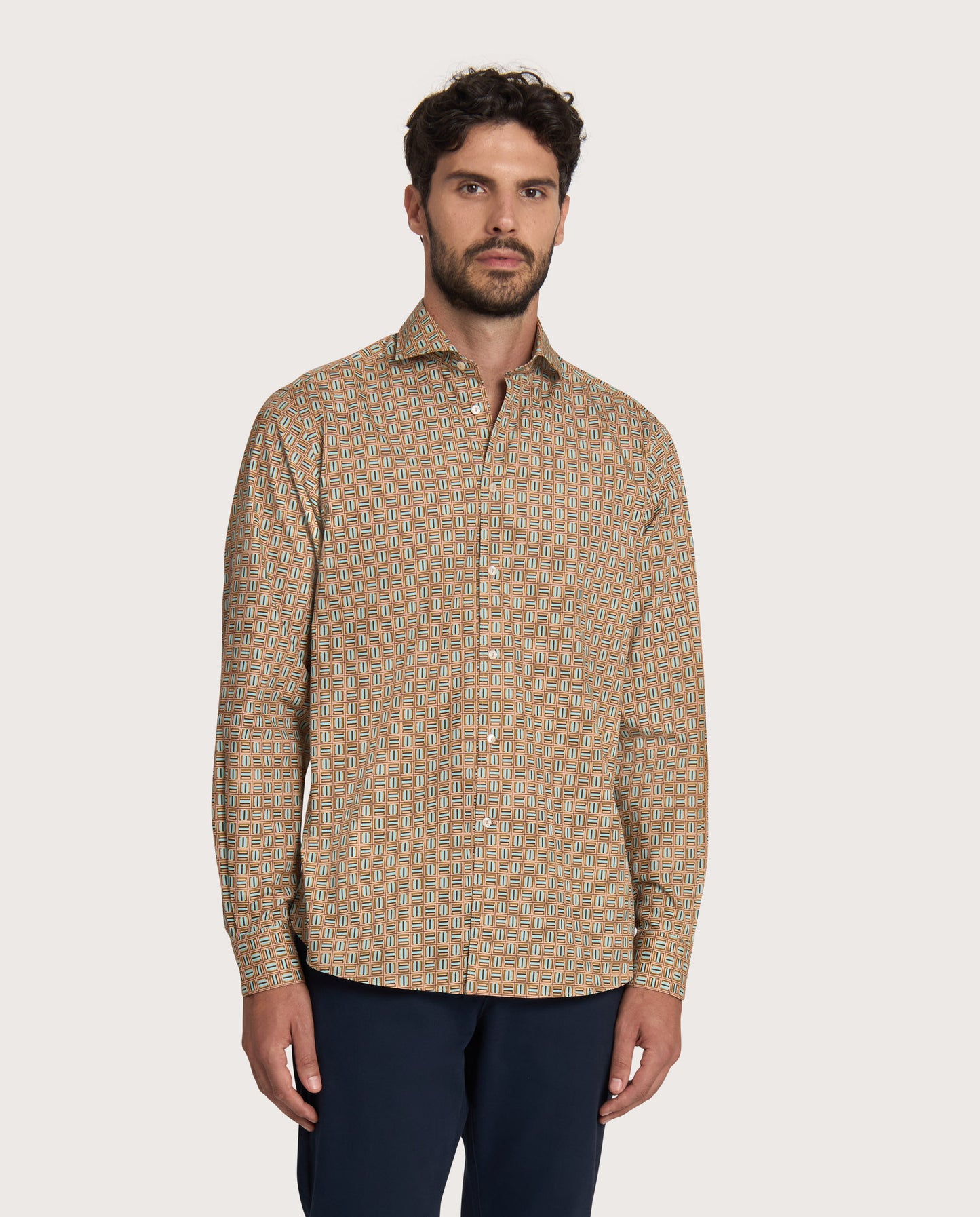 Camicissima Brown-Peach Printed Poplin Punch Cotton Shirt