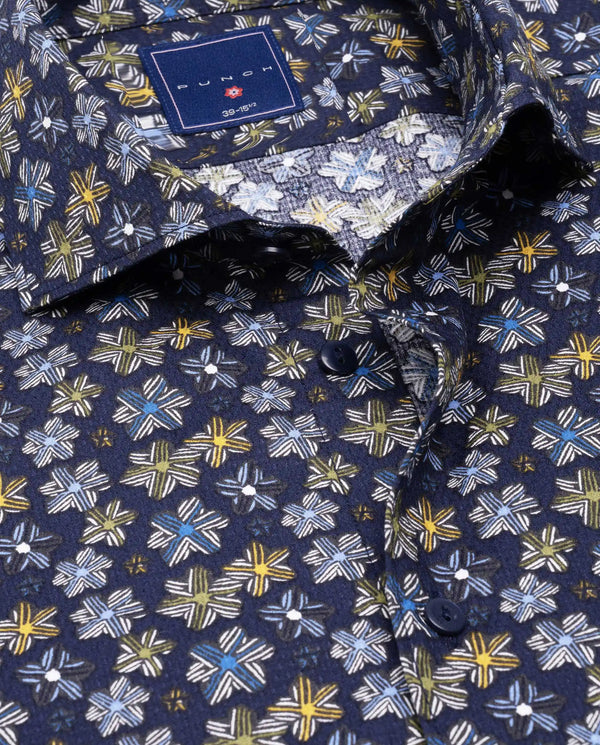 Camicissima Blue Navy Floral Printed Dobby Punch Cotton Shirt