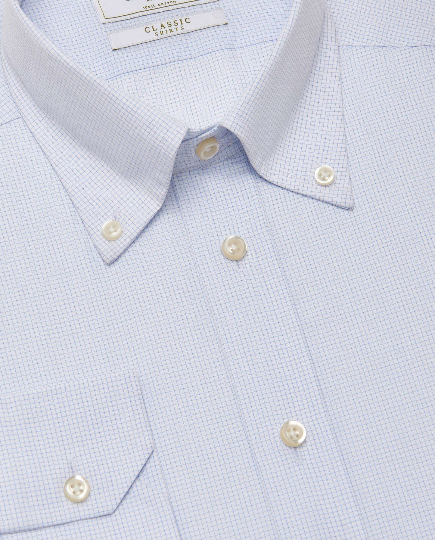Men’s Fitted Checked Light Blue Shirt – Button Down Collar | 100% Cotton | Full Sleeves