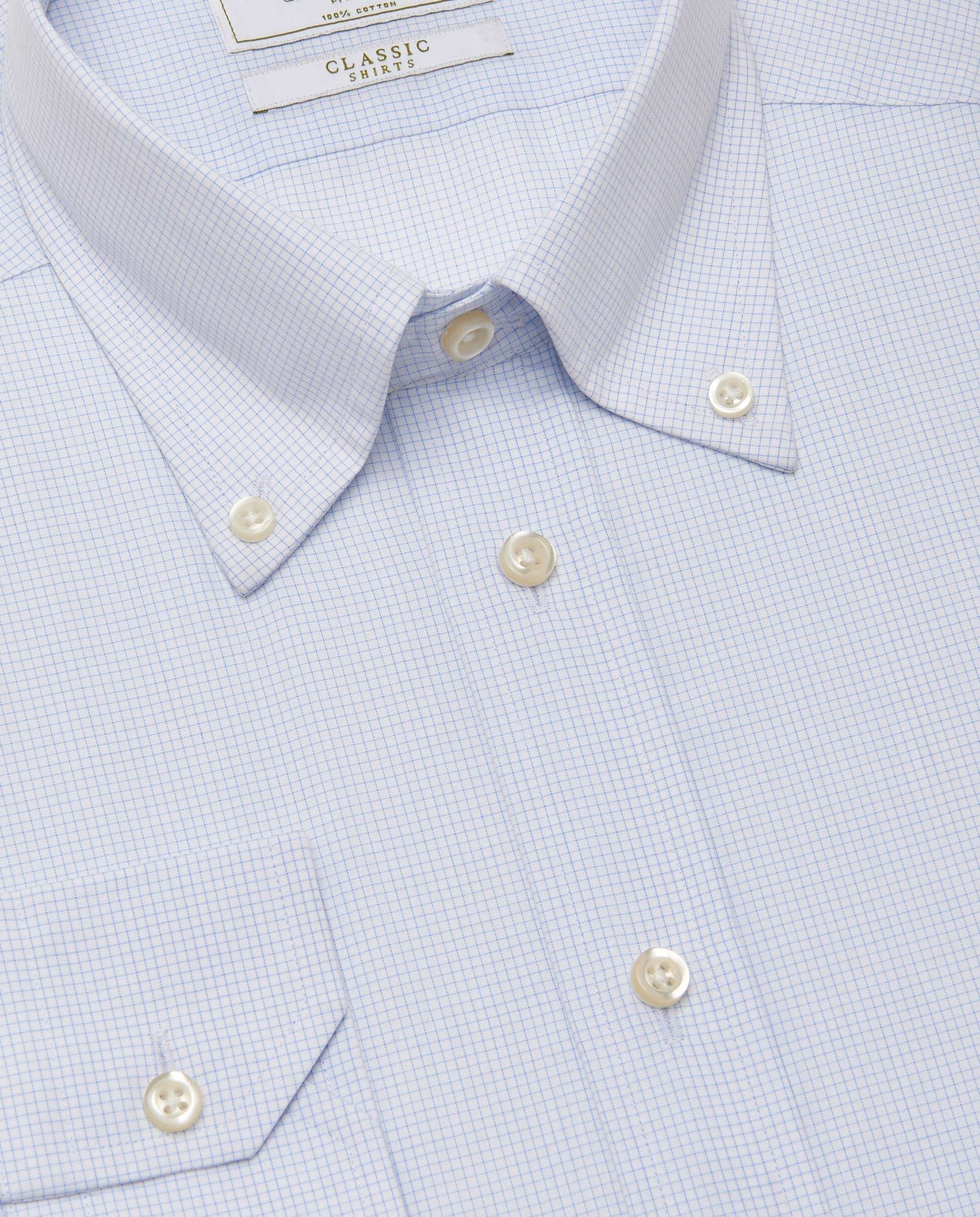 Men’s Fitted Checked Light Blue Shirt – Button Down Collar | 100% Cotton | Full Sleeves