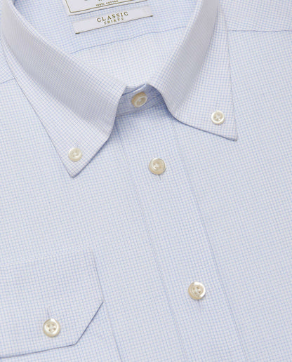 Men’s Fitted Checked Light Blue Shirt – Button Down Collar | 100% Cotton | Full Sleeves