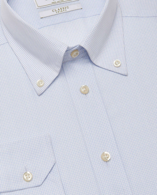 Men’s Fitted Checked Light Blue Shirt – Button Down Collar | 100% Cotton | Full Sleeves
