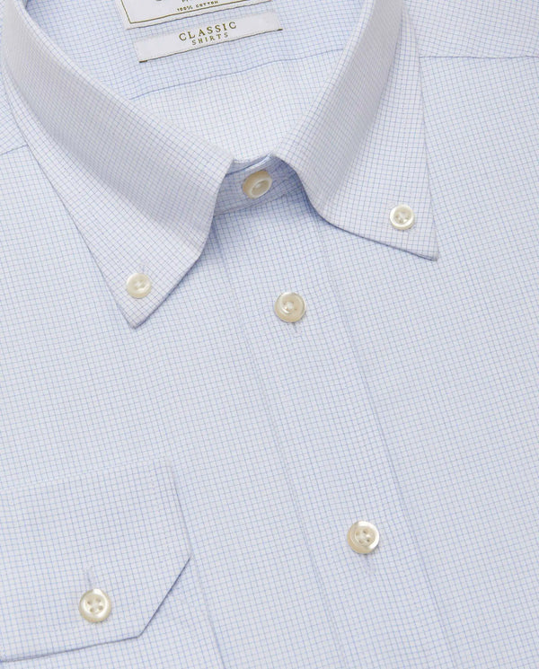 Men’s Fitted Checked Light Blue Shirt – Button Down Collar | 100% Cotton | Full Sleeves