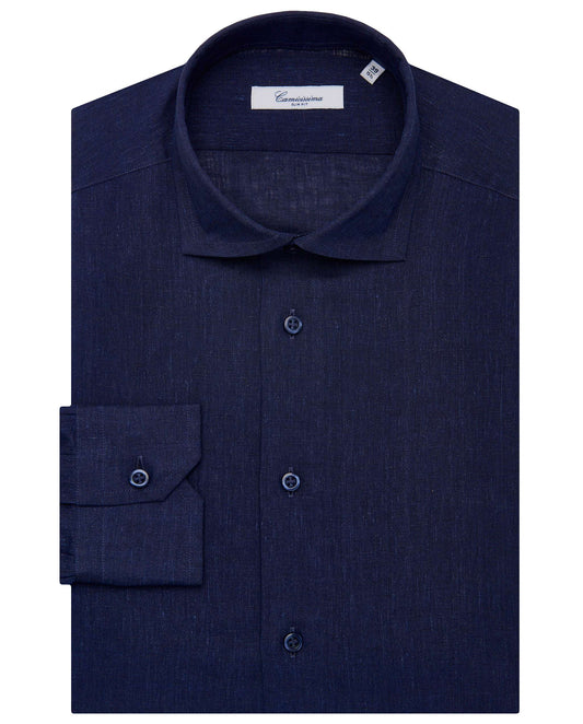Men’s Slim Fit Linen Shirt – Navy Blue | Plain Fancy Style | Full Sleeves