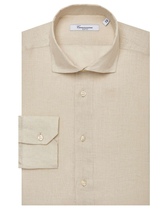 Men’s Slim Fit Linen Shirt – Beige | Plain Fancy Style | Full Sleeves