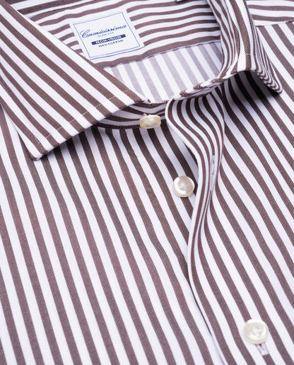Camicissima Brown Striped Dobby Wrinkle-Free Fancy Cotton Shirt