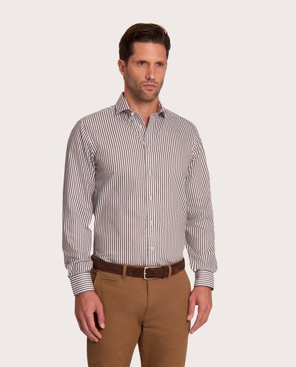 Camicissima Brown Striped Dobby Wrinkle-Free Fancy Cotton Shirt