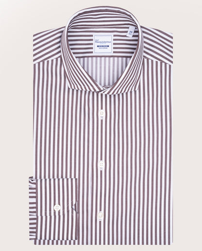 Camicissima Brown Striped Dobby Wrinkle-Free Fancy Cotton Shirt
