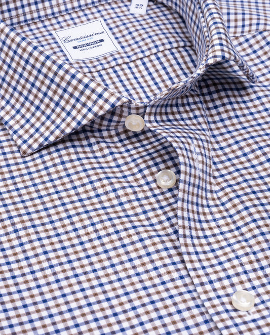 Camicissima Checked Brown Twill Easy-Care Fancy Cotton Shirt