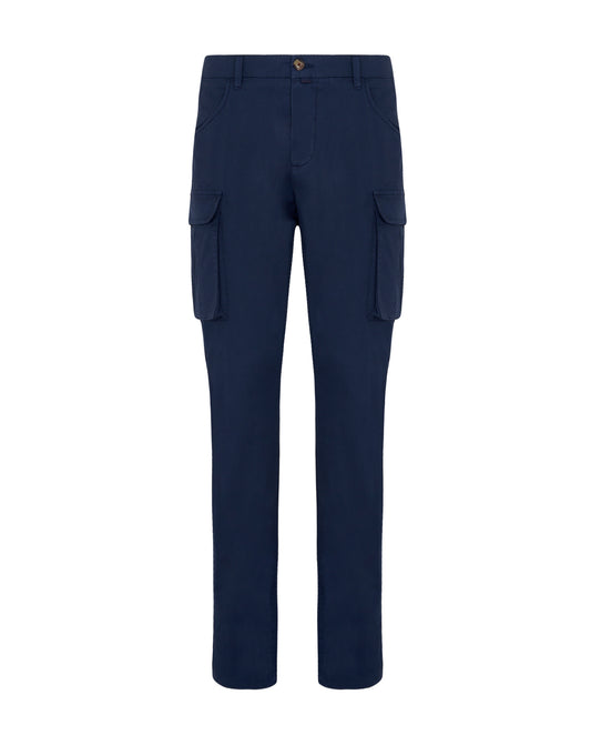 Camicissima Men’s Blue Cotton Poplin Cargo Trousers - Stretch Plain Fit | Casual Utility Pants